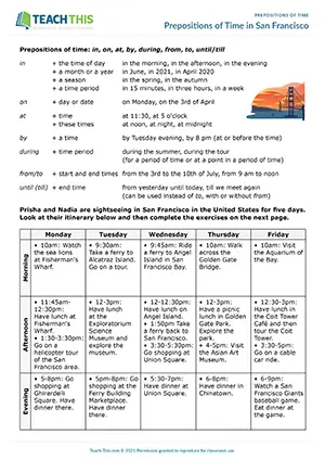 ESL prepositions of time worksheet preview featuring vocabulary, reading and writing exercises, comprehension questions, gap-fill activities for intermediate B1 students
