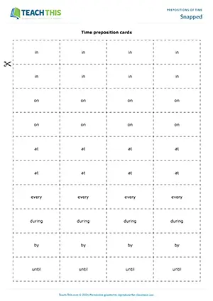 ESL prepositions of time game preview featuring vocabulary and speaking activities, matching exercises, sentence formation practice for pre-intermediate A2-B1 students