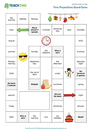 ESL prepositions of time board game preview featuring vocabulary and speaking activities, matching exercises, sentence formation practice for elementary A1-A2 students