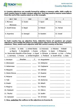 ESL proper adjectives worksheet preview for B1 showing country adjective suffixes, unscrambling and error correction exercises