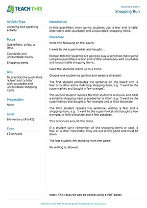 ESL a few a little game preview for A2 showing sentence chain memory game with shopping items