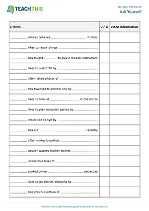 ESL reflexive pronouns activity preview for B1 showing students making guesses and asking yes/no questions