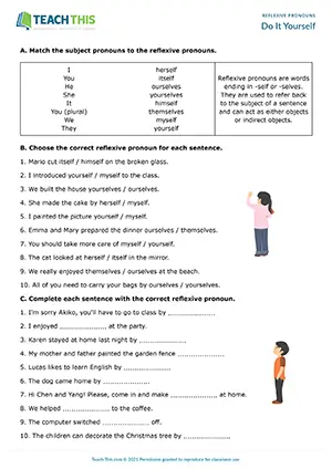 ESL reflexive pronouns worksheet preview for A2 showing matching, binary choice, gap-fill, and writing activities