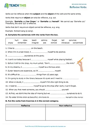ESL reflexive verbs worksheet preview for B1 showing gap-fill, categorising, and rewriting practice