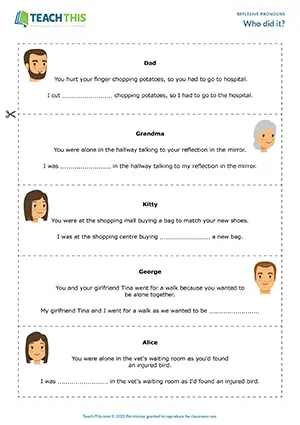 ESL reflexive pronouns activity preview for A2 showing group role-play, table completion, and speaking