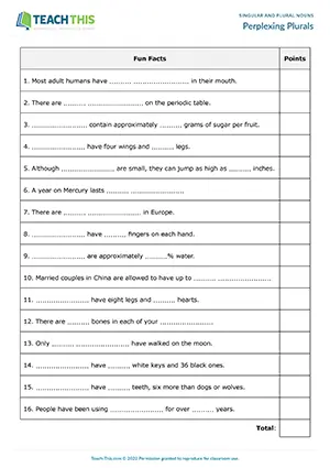 ESL singular and plural nouns activity preview for A2 showing quiz, gap-fill, and number matching