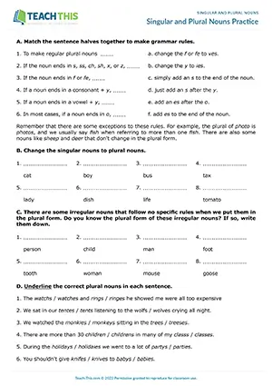 ESL singular and plural nouns worksheet preview for A2 showing matching grammar rules, plural forms, and gap-fill