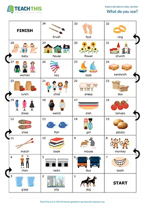 ESL singular and plural nouns board game preview for A1-A2 showing picture-based spelling and sentence practice