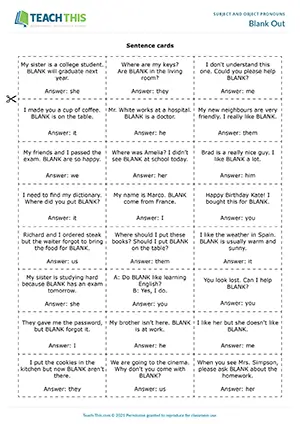 ESL subject and object pronouns group game preview for A2 showing sentence gap-fill and fast-paced competition