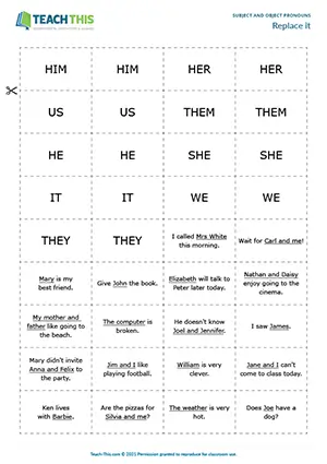 ESL subject and object pronouns pelmanism game preview for A1-A2 showing sentence and pronoun card matching