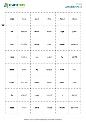 ESL abstract nouns and suffixes dominoes game preview for B2 showing word matching and category activities