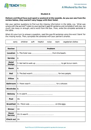 ESL too and enough activity preview for A2 showing hotel review, gap-fill, and pair information exchange
