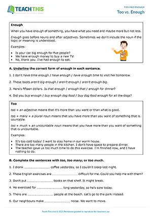 ESL too vs enough worksheet preview for A2 showing gap-fill, rewriting, and opposite-meaning sentence writing