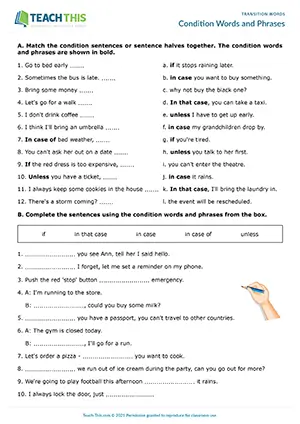 ESL condition words worksheet for intermediate B1, matching, gap-fill, error correction, and sentence completion