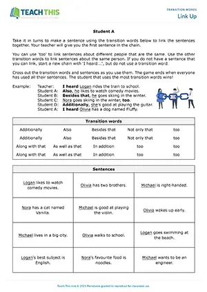 ESL transition words game for pre-intermediate A2, matching, sentence completion, group and pair work