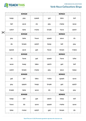 Verb-Noun Collocations Bingo Preview