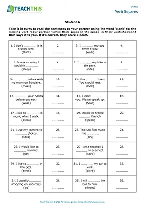 ESL verbs guessing game for elementary A1-A2, showing pair work, gap-fill, and guessing missing verbs in sentences